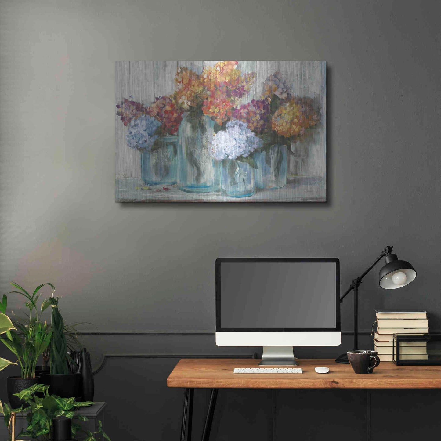 Luxe Metal Art 'Fall Hydrangeas In Glass Jar Crop' by Carol Rowan, Metal Wall Art,36x24