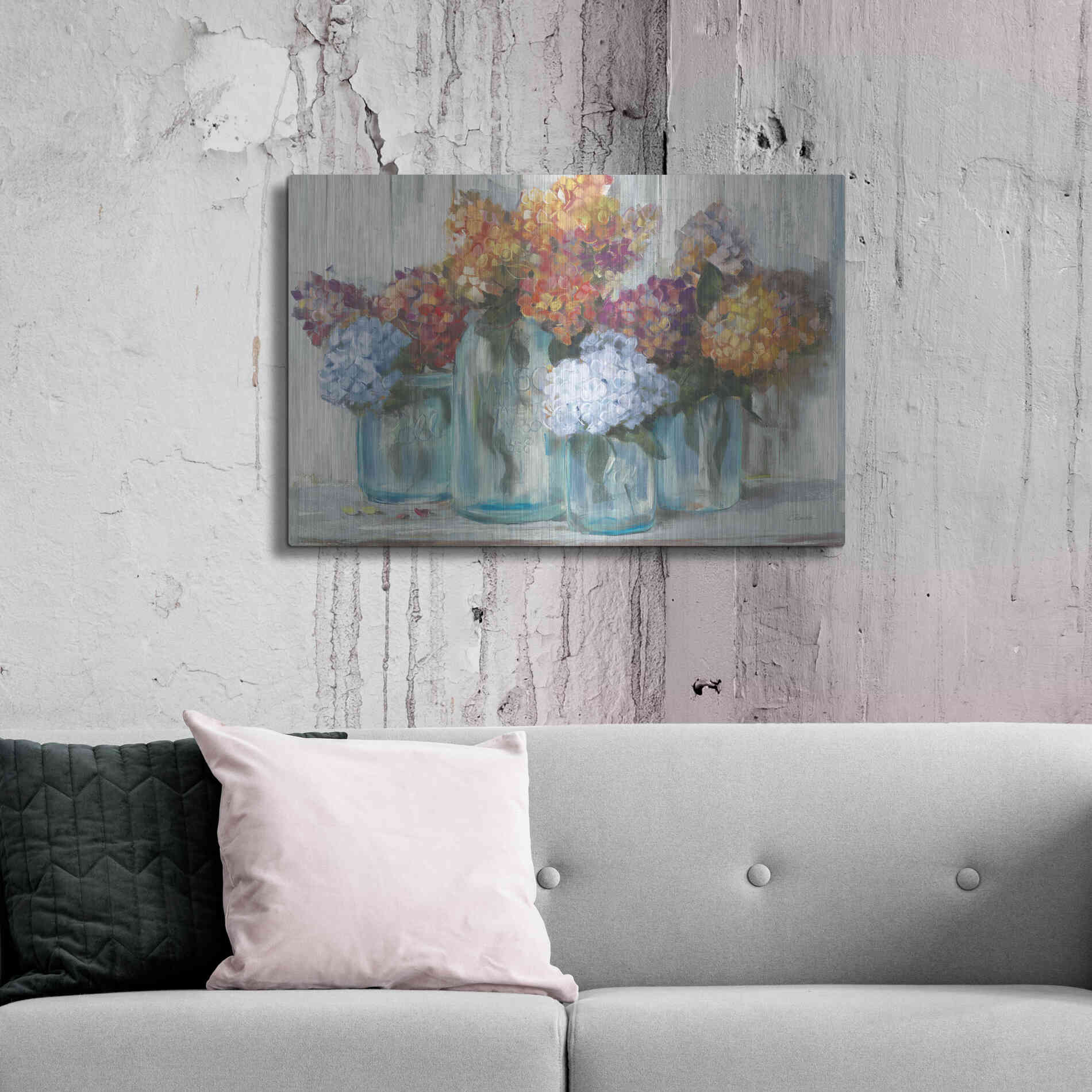 Luxe Metal Art 'Fall Hydrangeas In Glass Jar Crop' by Carol Rowan, Metal Wall Art,36x24