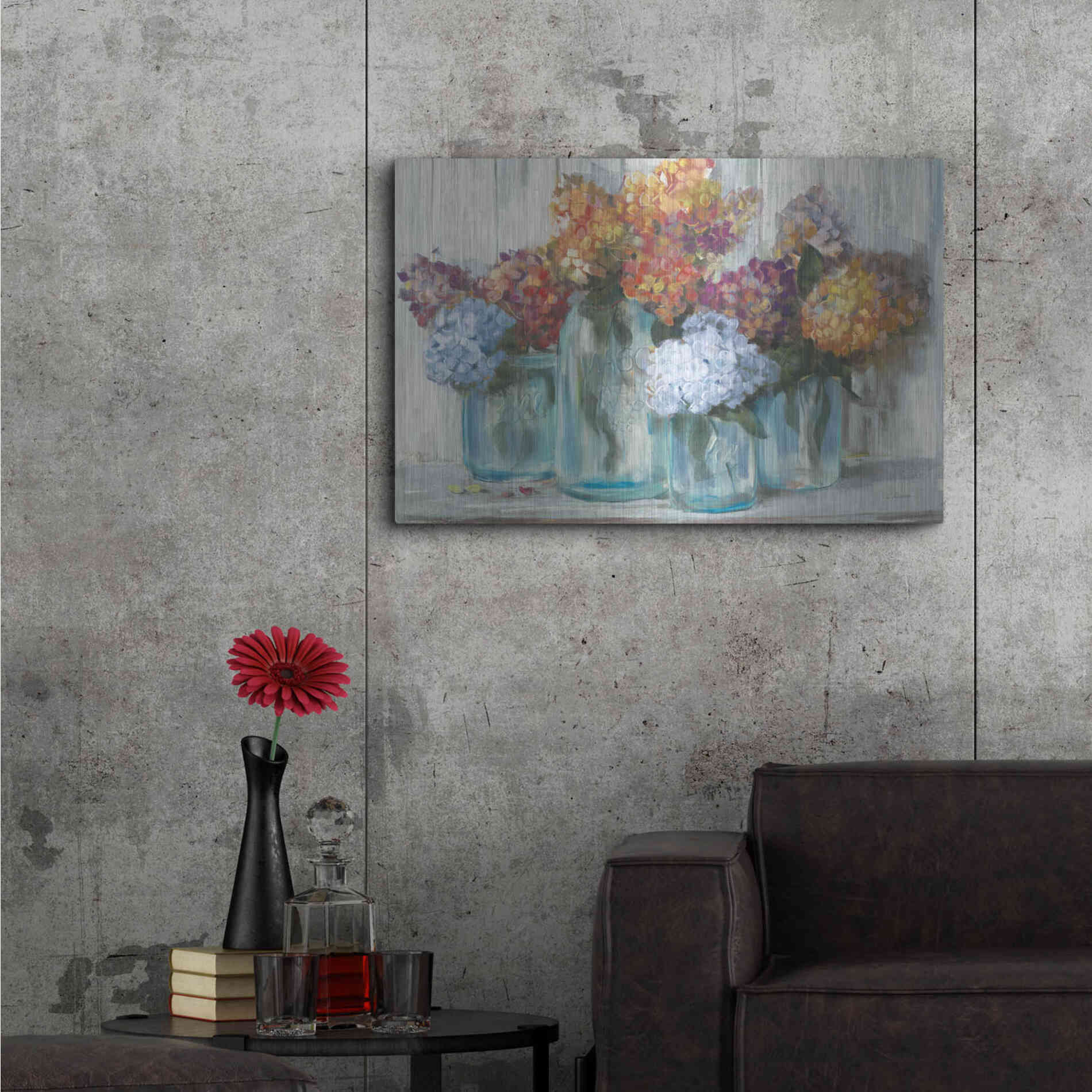 Luxe Metal Art 'Fall Hydrangeas In Glass Jar Crop' by Carol Rowan, Metal Wall Art,36x24