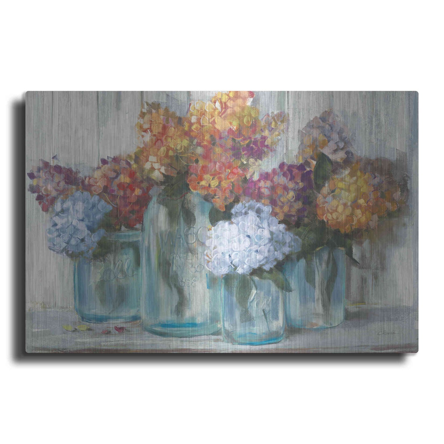 Luxe Metal Art 'Fall Hydrangeas In Glass Jar Crop' by Carol Rowan, Metal Wall Art