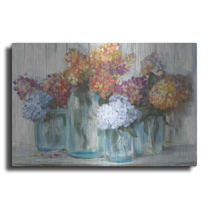 Luxe Metal Art 'Fall Hydrangeas In Glass Jar Crop' by Carol Rowan, Metal Wall Art