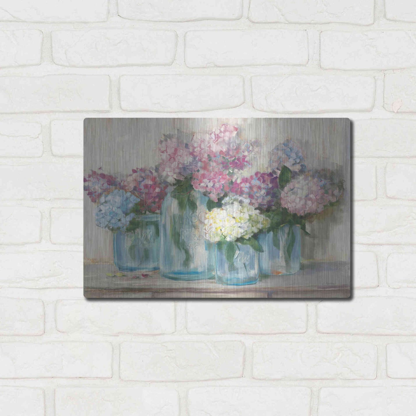 Luxe Metal Art 'Hydrangeas In Glass Jar Pastel Crop' by Carol Rowan, Metal Wall Art,16x12
