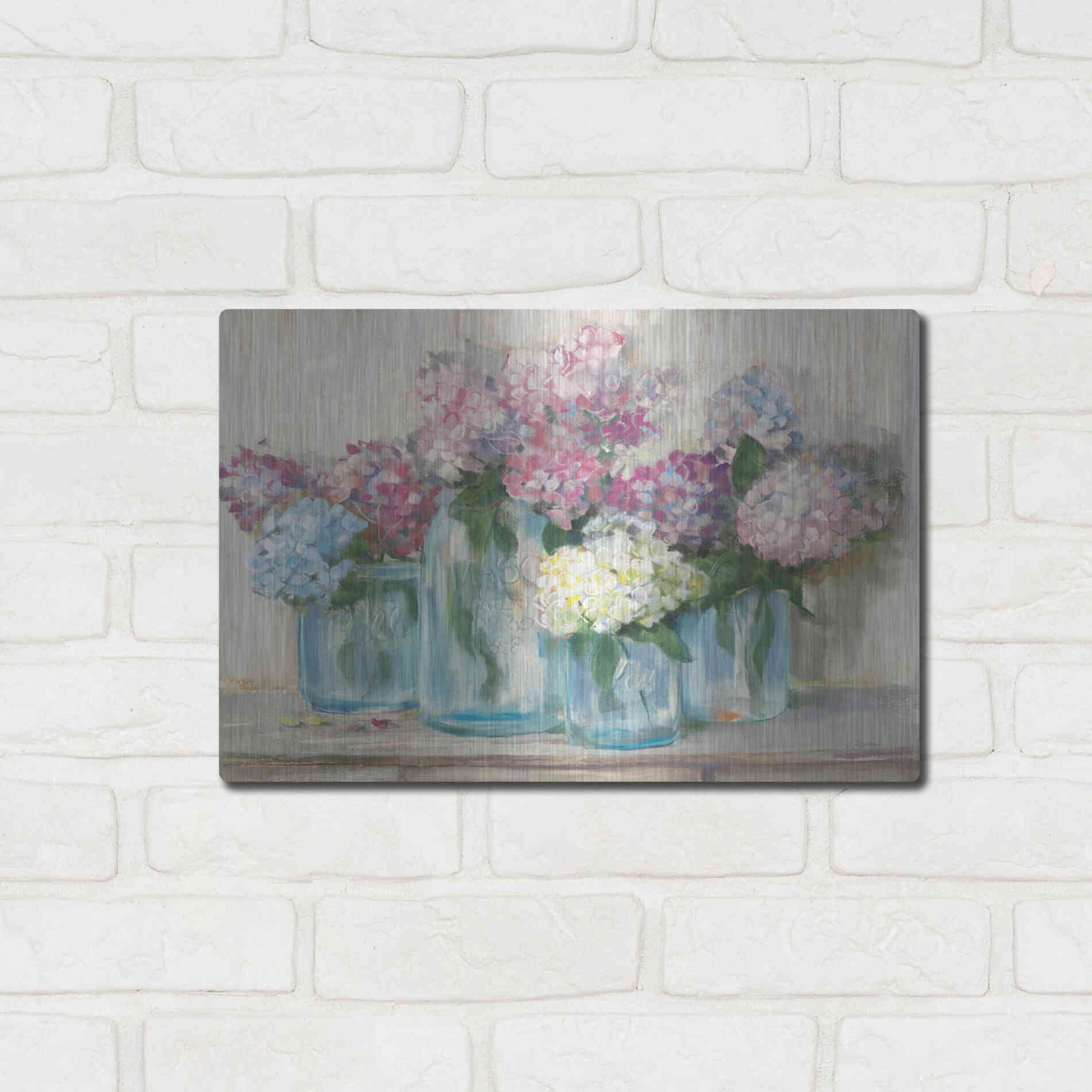 Luxe Metal Art 'Hydrangeas In Glass Jar Pastel Crop' by Carol Rowan, Metal Wall Art,16x12