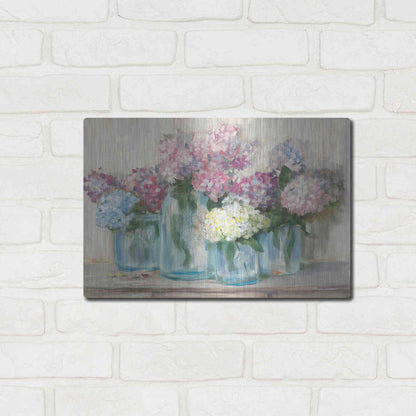 Luxe Metal Art 'Hydrangeas In Glass Jar Pastel Crop' by Carol Rowan, Metal Wall Art,16x12