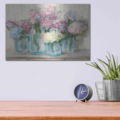 Luxe Metal Art 'Hydrangeas In Glass Jar Pastel Crop' by Carol Rowan, Metal Wall Art,16x12
