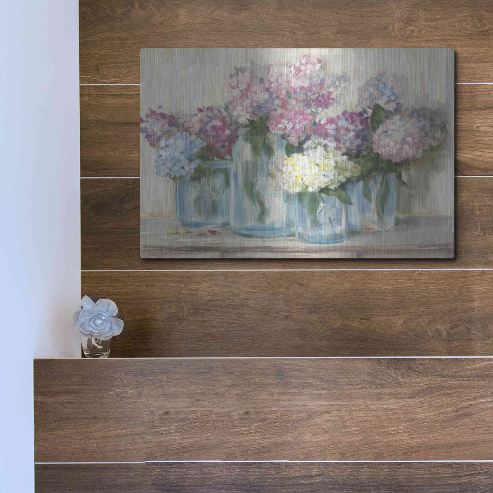 Luxe Metal Art 'Hydrangeas In Glass Jar Pastel Crop' by Carol Rowan, Metal Wall Art,16x12