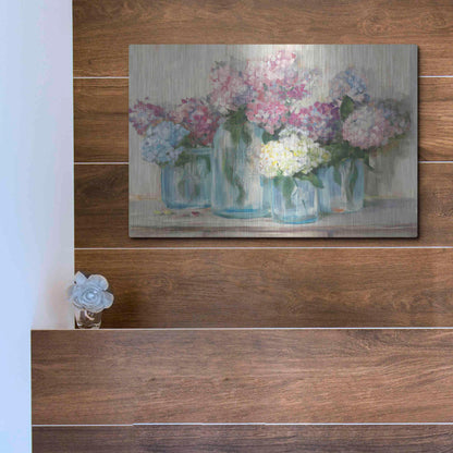 Luxe Metal Art 'Hydrangeas In Glass Jar Pastel Crop' by Carol Rowan, Metal Wall Art,16x12