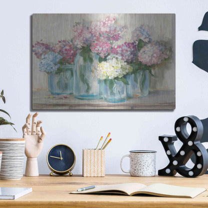 Luxe Metal Art 'Hydrangeas In Glass Jar Pastel Crop' by Carol Rowan, Metal Wall Art,16x12