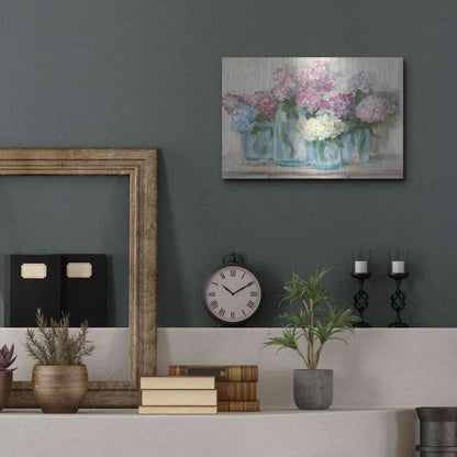 Luxe Metal Art 'Hydrangeas In Glass Jar Pastel Crop' by Carol Rowan, Metal Wall Art,16x12