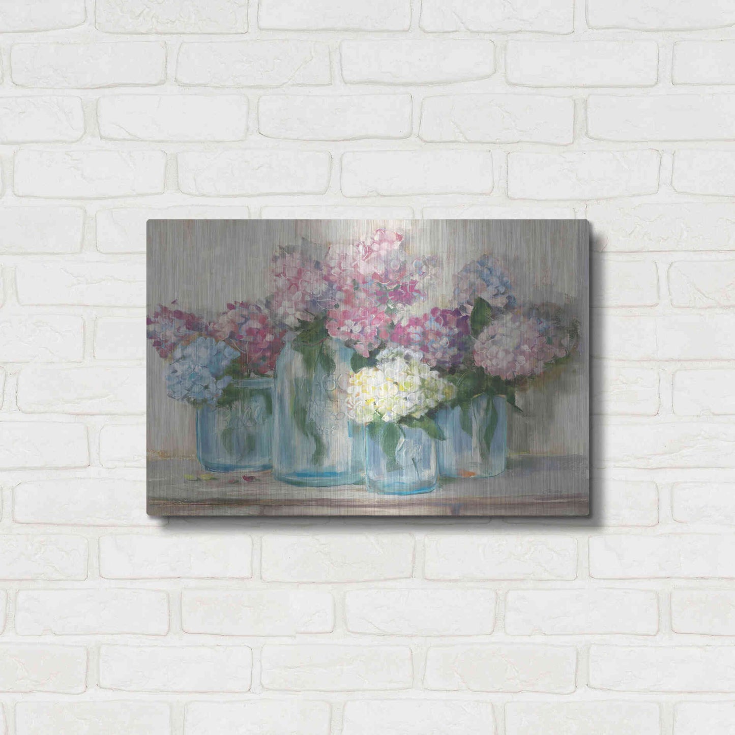 Luxe Metal Art 'Hydrangeas In Glass Jar Pastel Crop' by Carol Rowan, Metal Wall Art,24x16