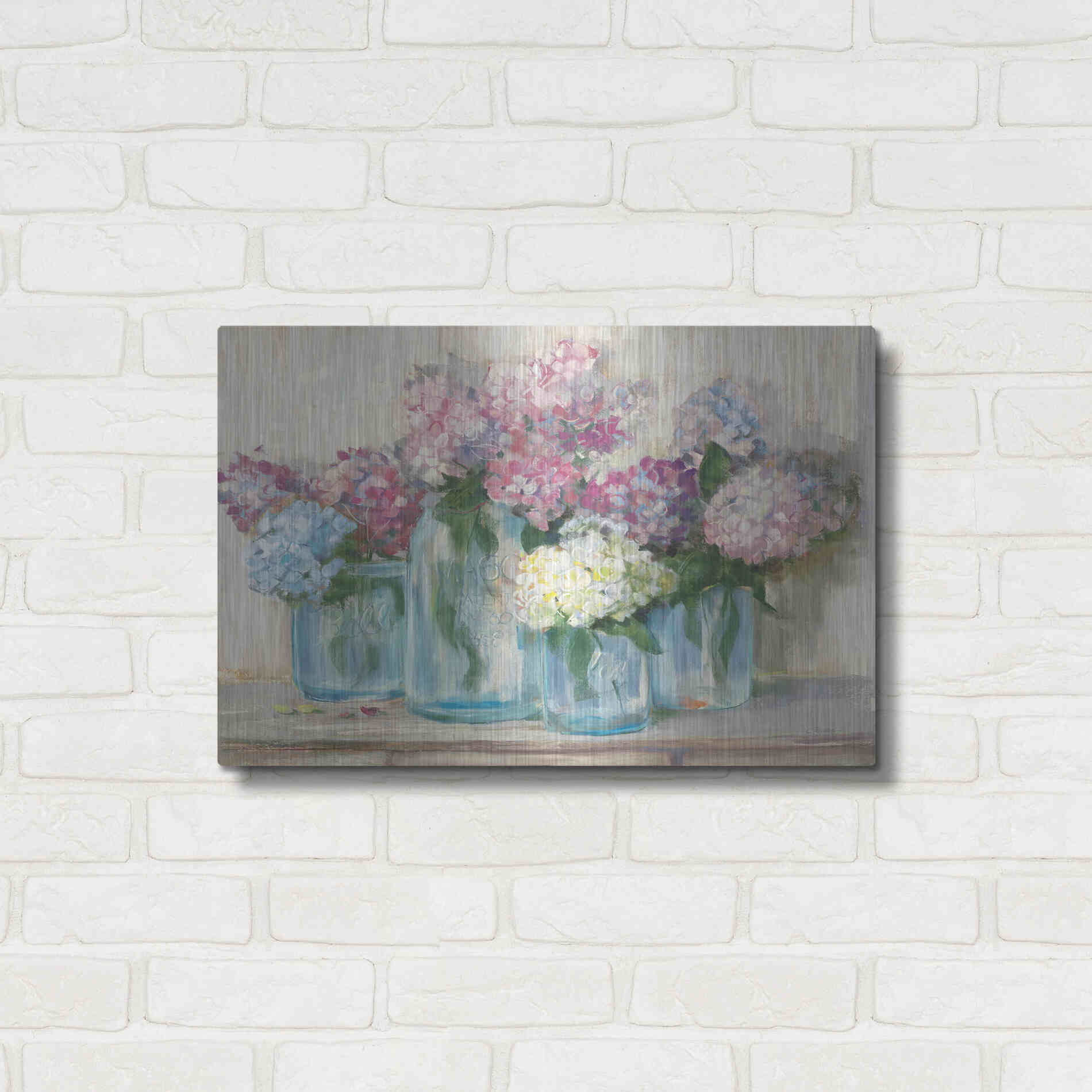 Luxe Metal Art 'Hydrangeas In Glass Jar Pastel Crop' by Carol Rowan, Metal Wall Art,24x16