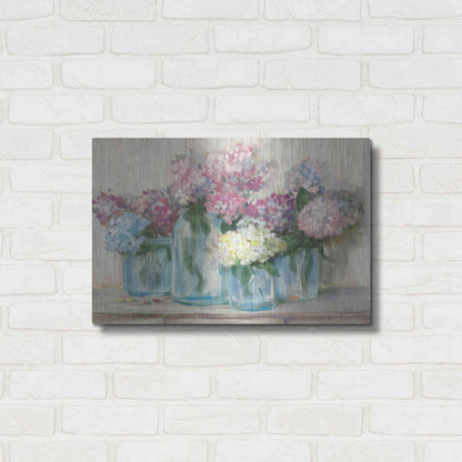 Luxe Metal Art 'Hydrangeas In Glass Jar Pastel Crop' by Carol Rowan, Metal Wall Art,24x16