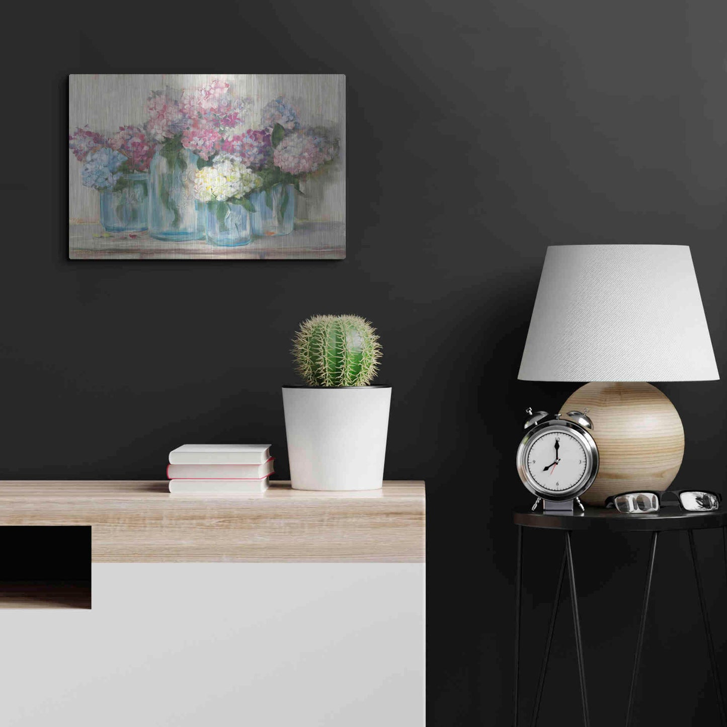 Luxe Metal Art 'Hydrangeas In Glass Jar Pastel Crop' by Carol Rowan, Metal Wall Art,24x16