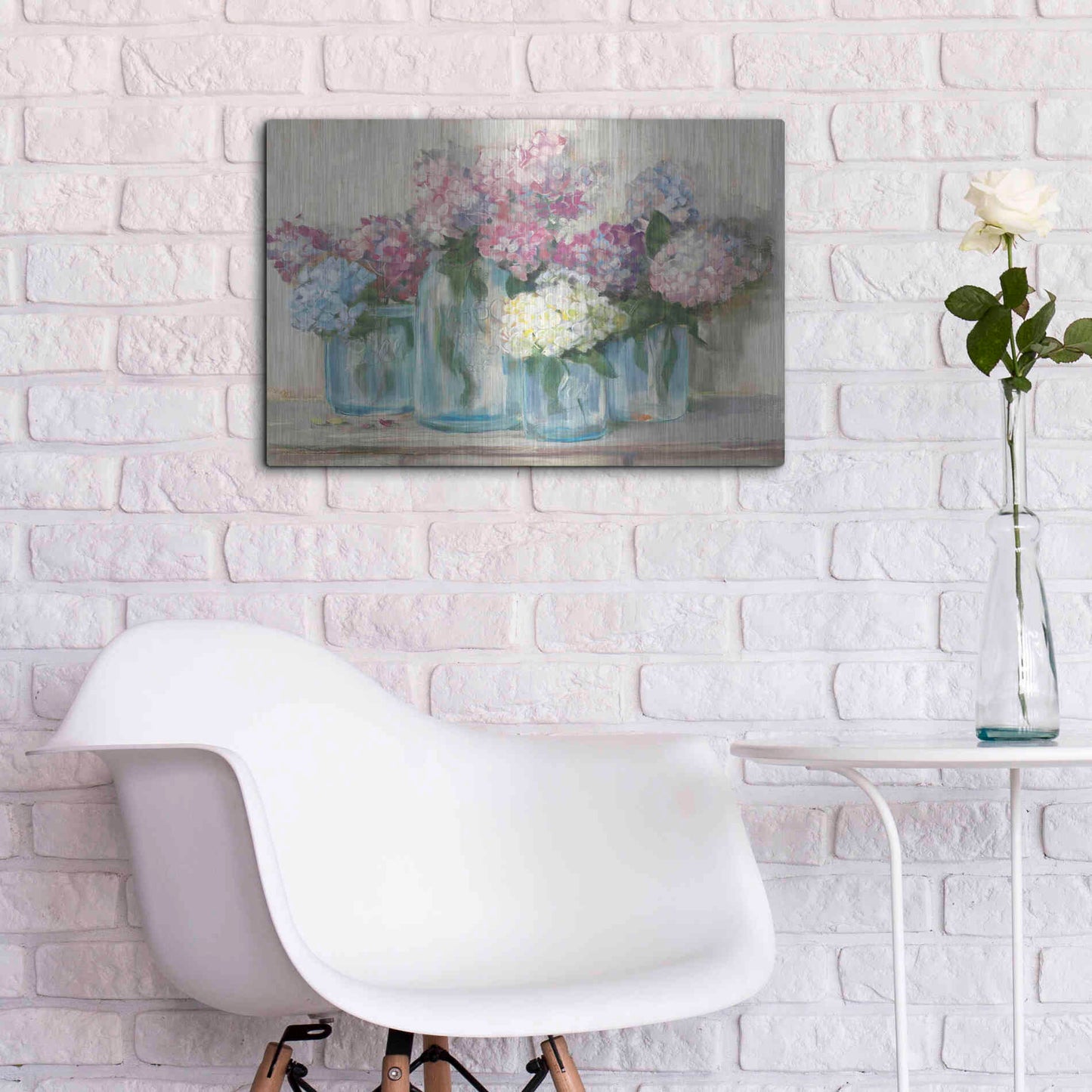 Luxe Metal Art 'Hydrangeas In Glass Jar Pastel Crop' by Carol Rowan, Metal Wall Art,24x16
