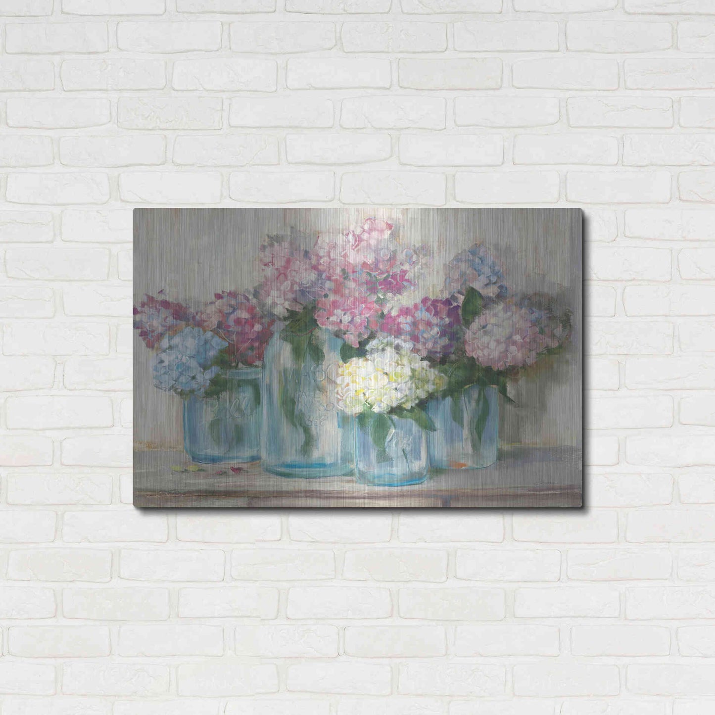 Luxe Metal Art 'Hydrangeas In Glass Jar Pastel Crop' by Carol Rowan, Metal Wall Art,36x24