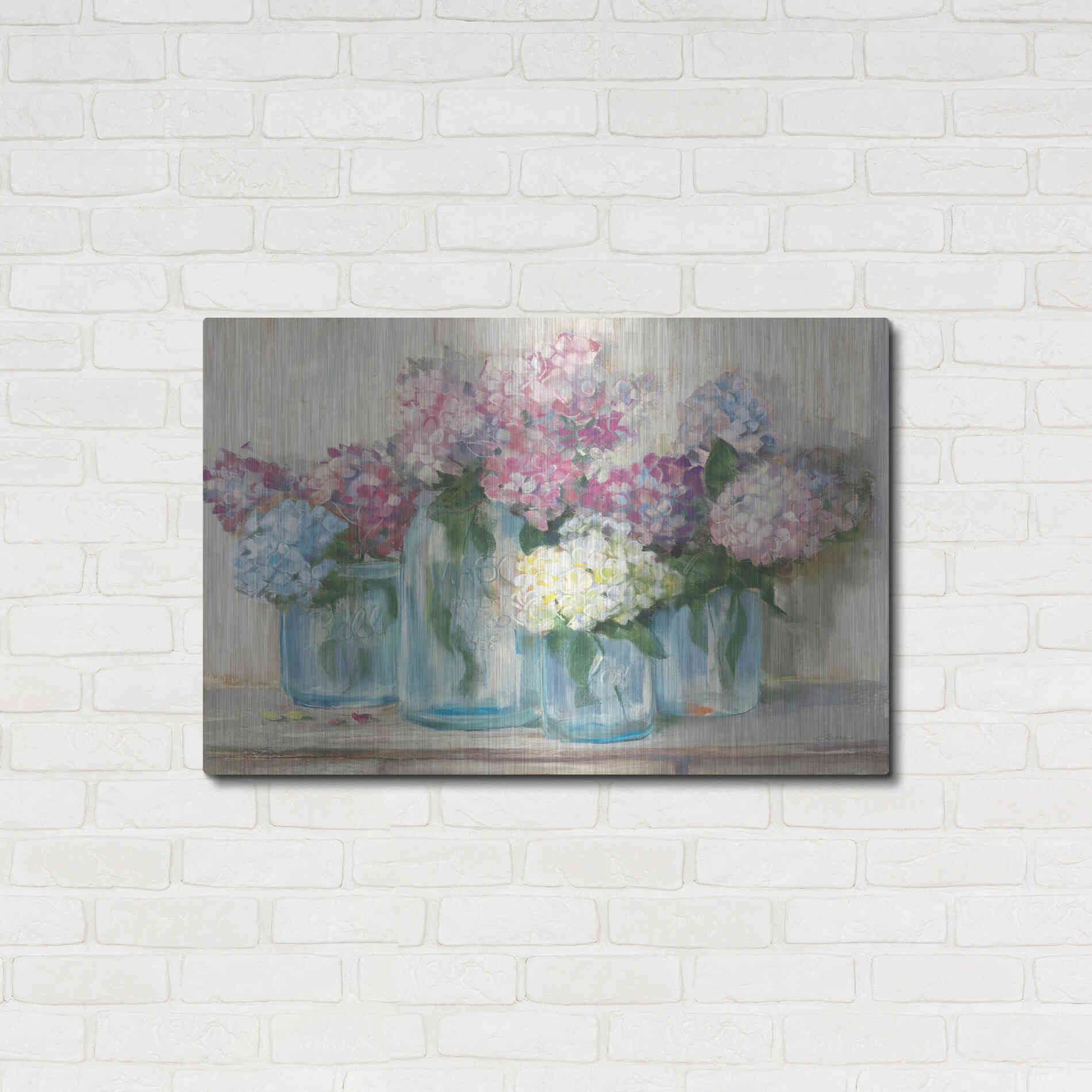 Luxe Metal Art 'Hydrangeas In Glass Jar Pastel Crop' by Carol Rowan, Metal Wall Art,36x24