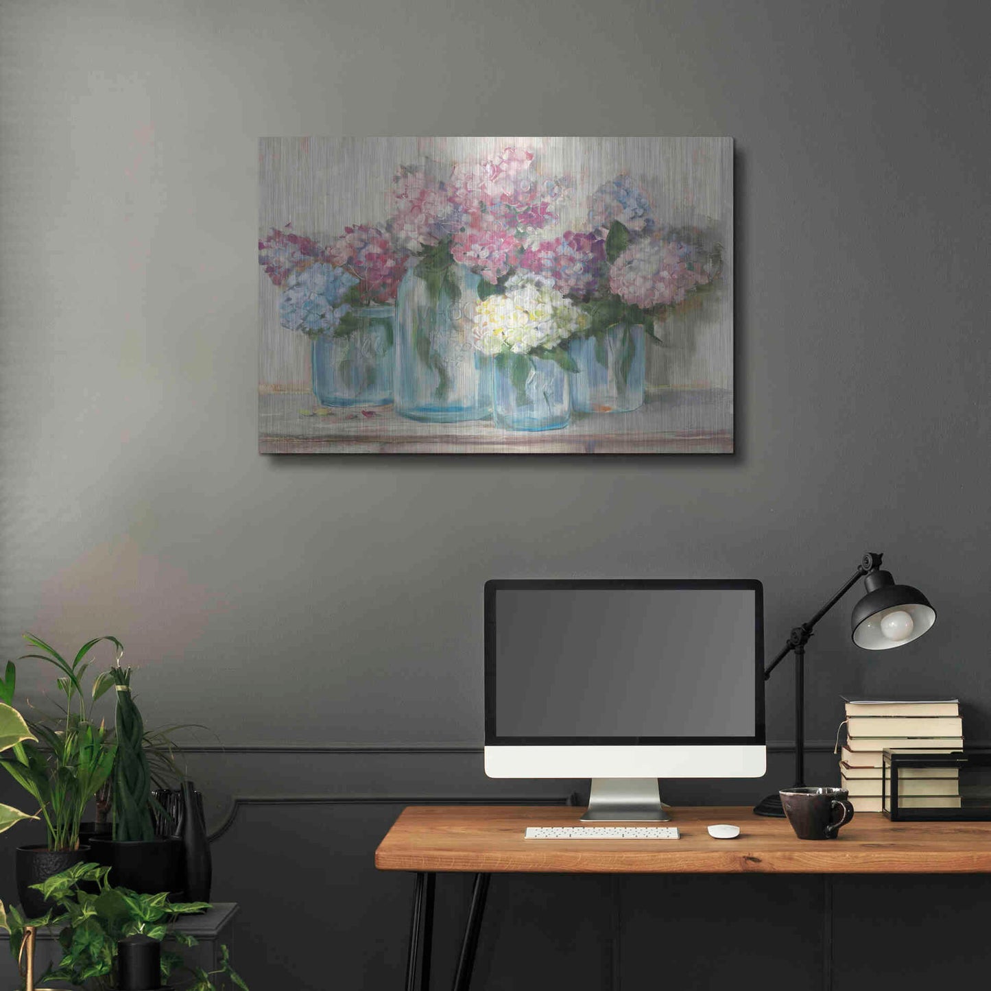Luxe Metal Art 'Hydrangeas In Glass Jar Pastel Crop' by Carol Rowan, Metal Wall Art,36x24