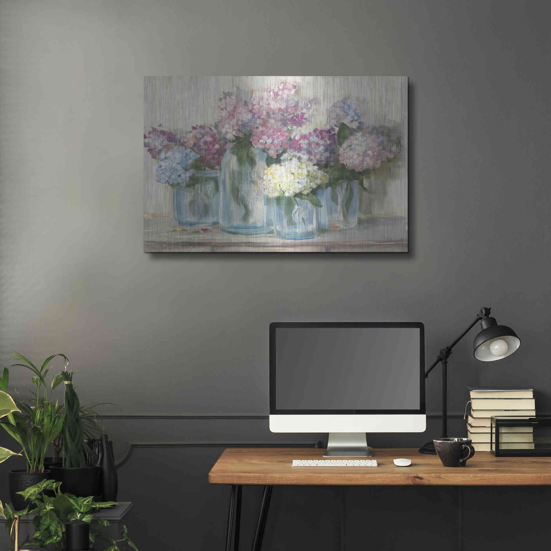 Luxe Metal Art 'Hydrangeas In Glass Jar Pastel Crop' by Carol Rowan, Metal Wall Art,36x24