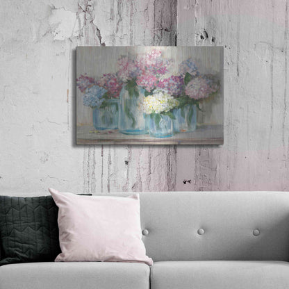 Luxe Metal Art 'Hydrangeas In Glass Jar Pastel Crop' by Carol Rowan, Metal Wall Art,36x24