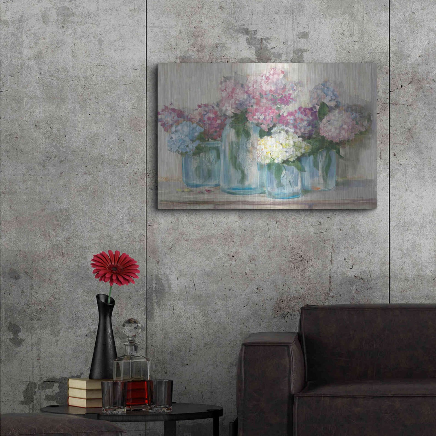 Luxe Metal Art 'Hydrangeas In Glass Jar Pastel Crop' by Carol Rowan, Metal Wall Art,36x24