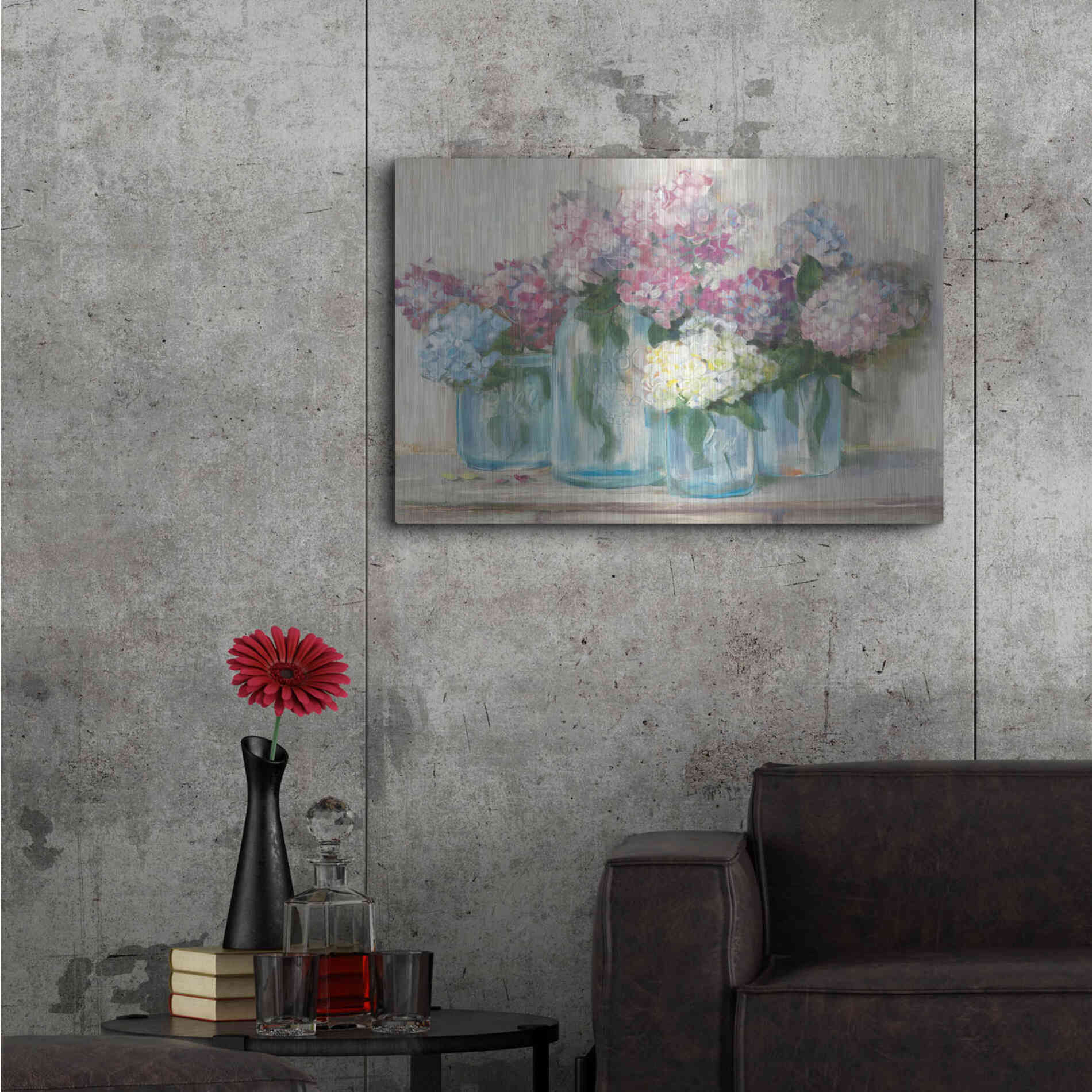 Luxe Metal Art 'Hydrangeas In Glass Jar Pastel Crop' by Carol Rowan, Metal Wall Art,36x24