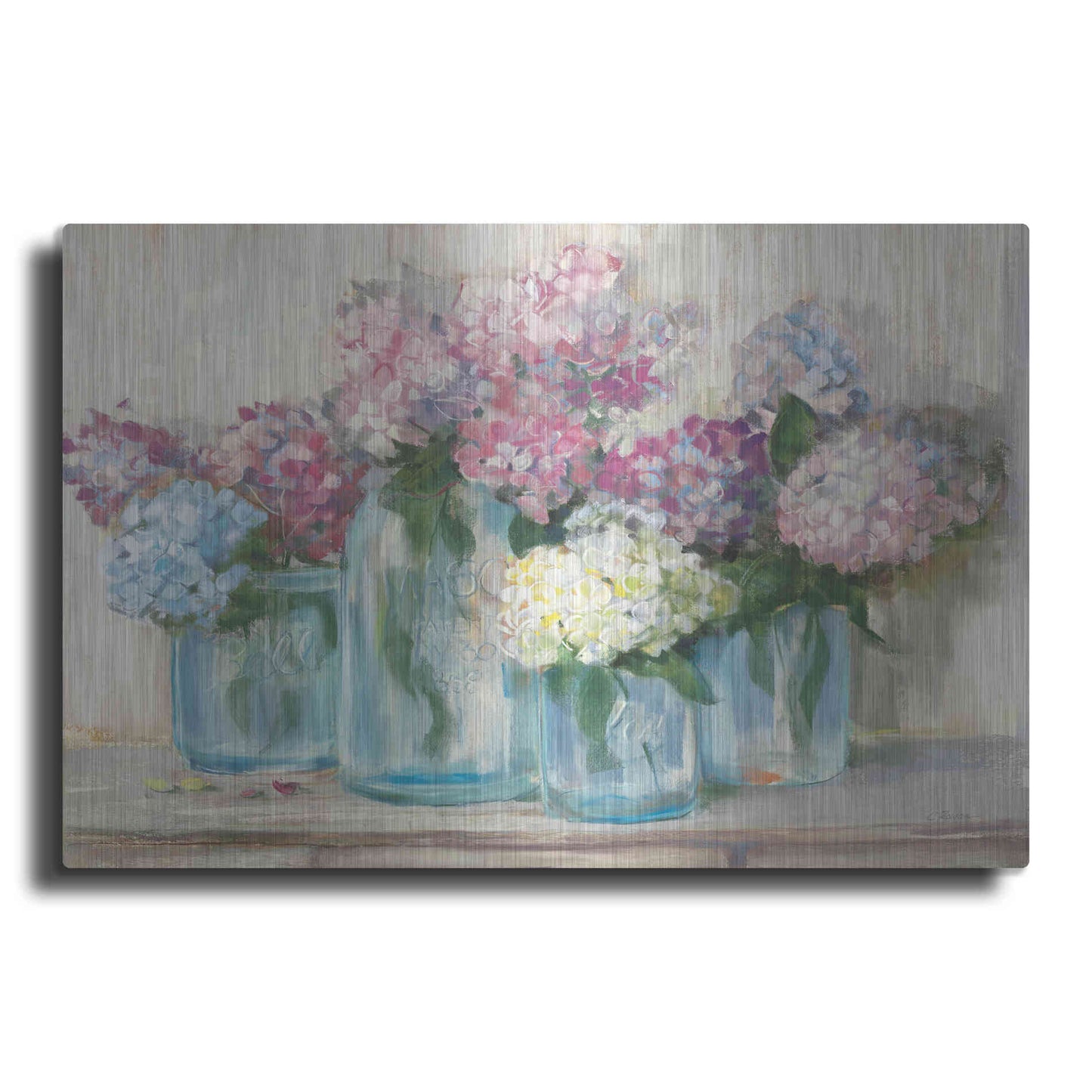 Luxe Metal Art 'Hydrangeas In Glass Jar Pastel Crop' by Carol Rowan, Metal Wall Art