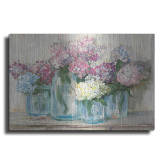 Luxe Metal Art 'Hydrangeas In Glass Jar Pastel Crop' by Carol Rowan, Metal Wall Art