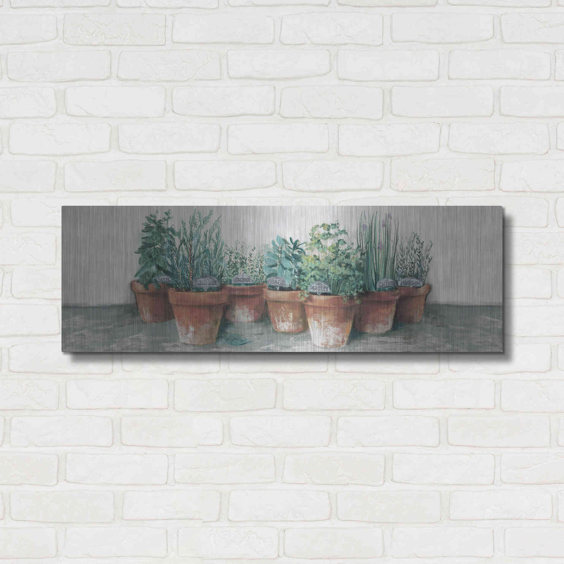 Luxe Metal Art 'Pots Of Herbs II Cottage V2' by Carol Rowan, Metal Wall Art,36x12