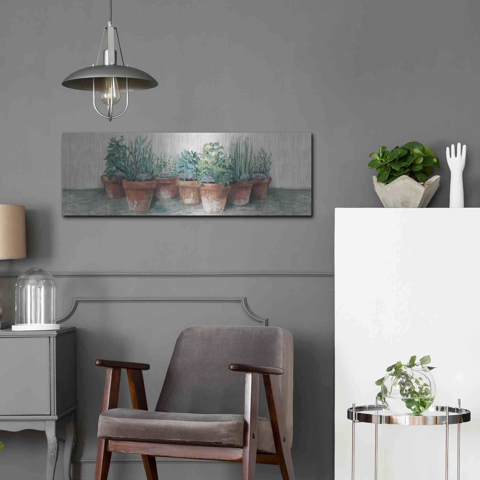 Luxe Metal Art 'Pots Of Herbs II Cottage V2' by Carol Rowan, Metal Wall Art,36x12