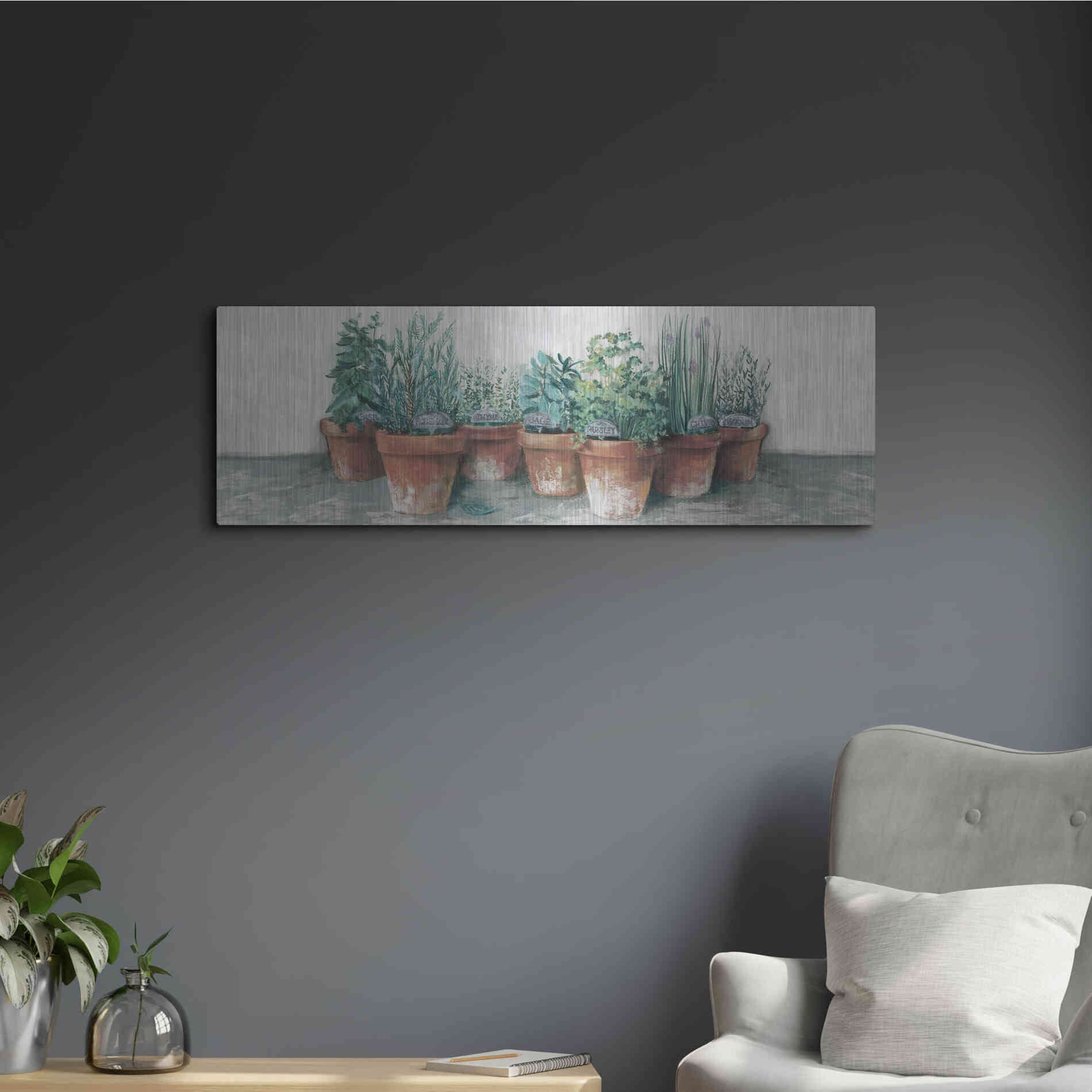 Luxe Metal Art 'Pots Of Herbs II Cottage V2' by Carol Rowan, Metal Wall Art,36x12