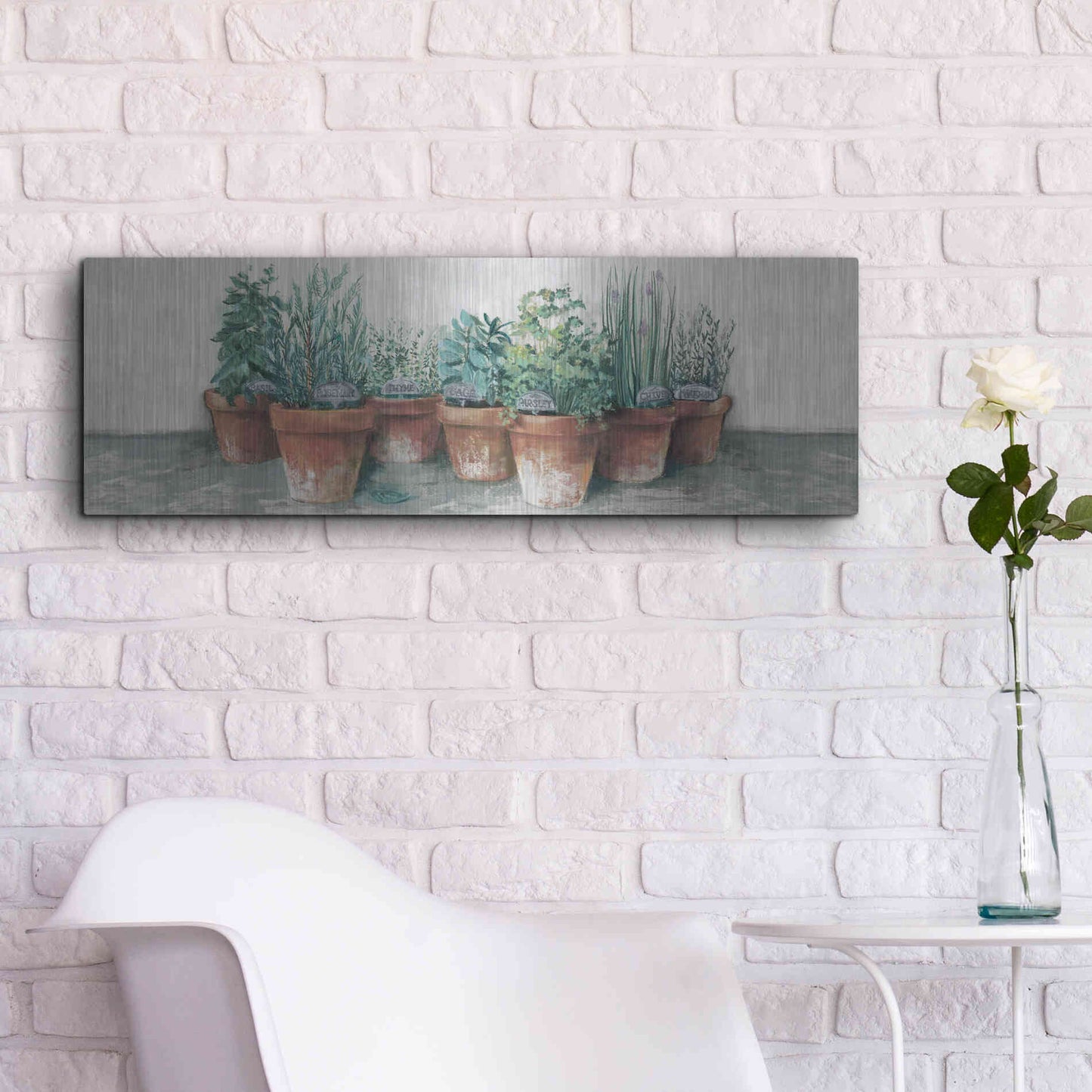 Luxe Metal Art 'Pots Of Herbs II Cottage V2' by Carol Rowan, Metal Wall Art,36x12