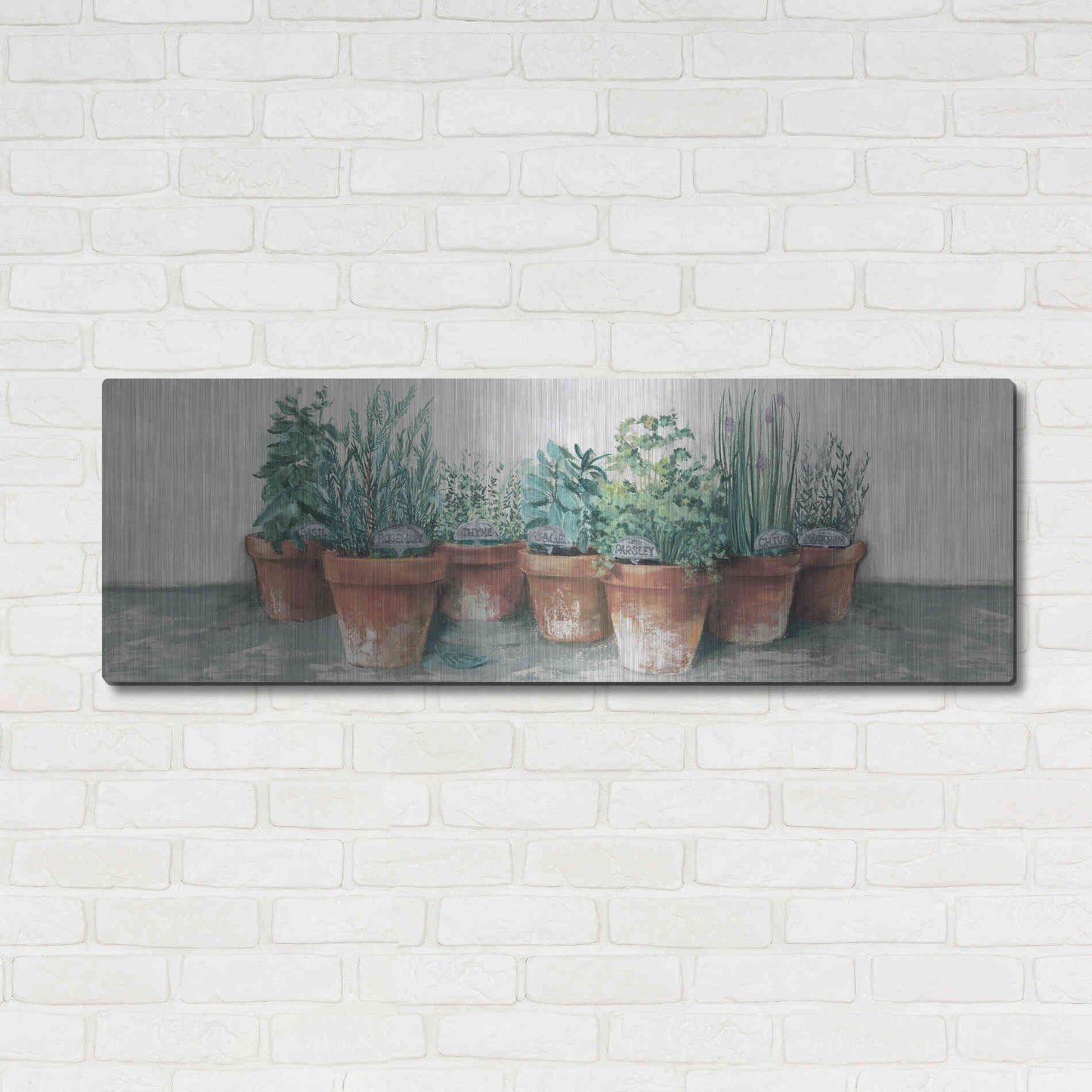 Luxe Metal Art 'Pots Of Herbs II Cottage V2' by Carol Rowan, Metal Wall Art,48x16