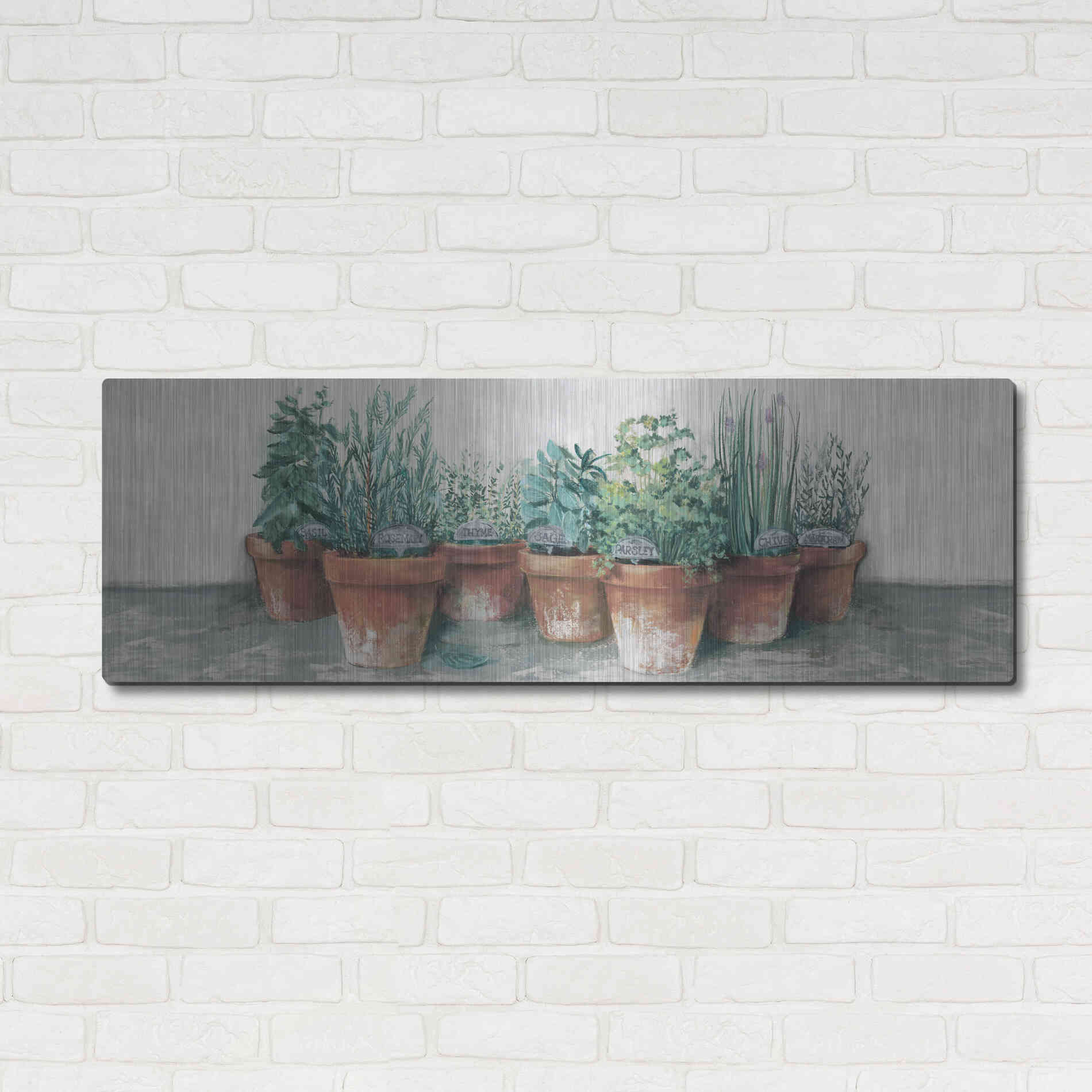 Luxe Metal Art 'Pots Of Herbs II Cottage V2' by Carol Rowan, Metal Wall Art,48x16