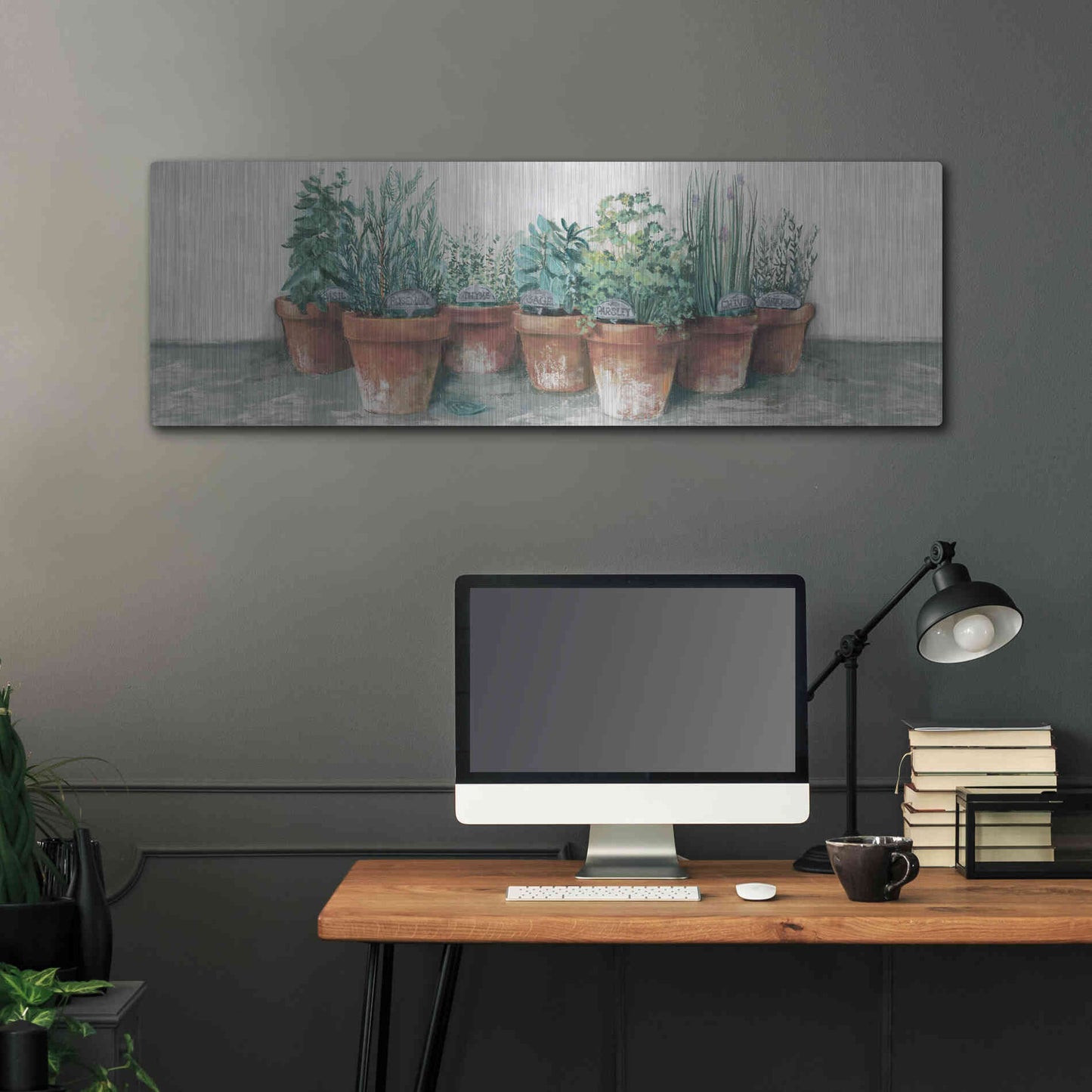 Luxe Metal Art 'Pots Of Herbs II Cottage V2' by Carol Rowan, Metal Wall Art,48x16