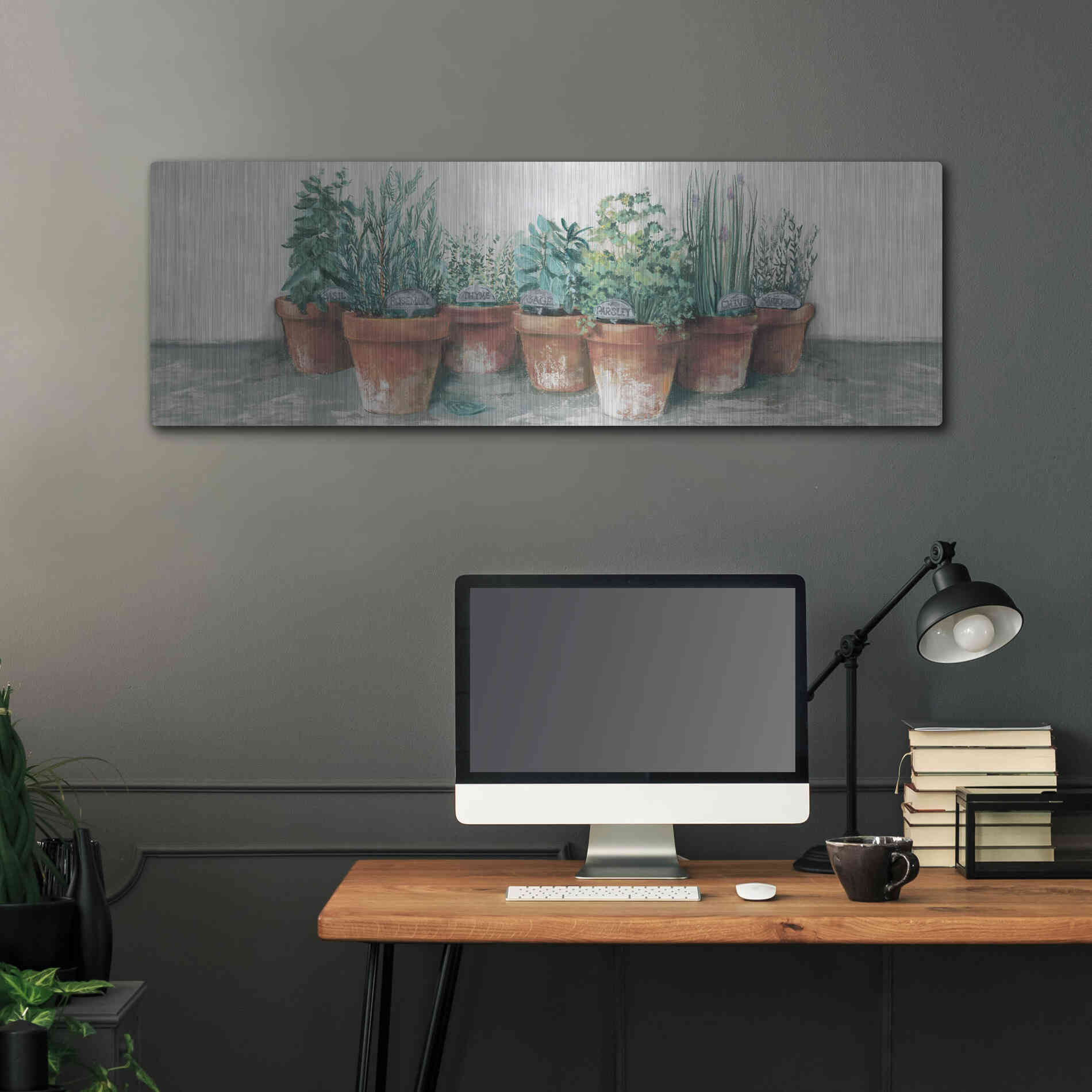 Luxe Metal Art 'Pots Of Herbs II Cottage V2' by Carol Rowan, Metal Wall Art,48x16