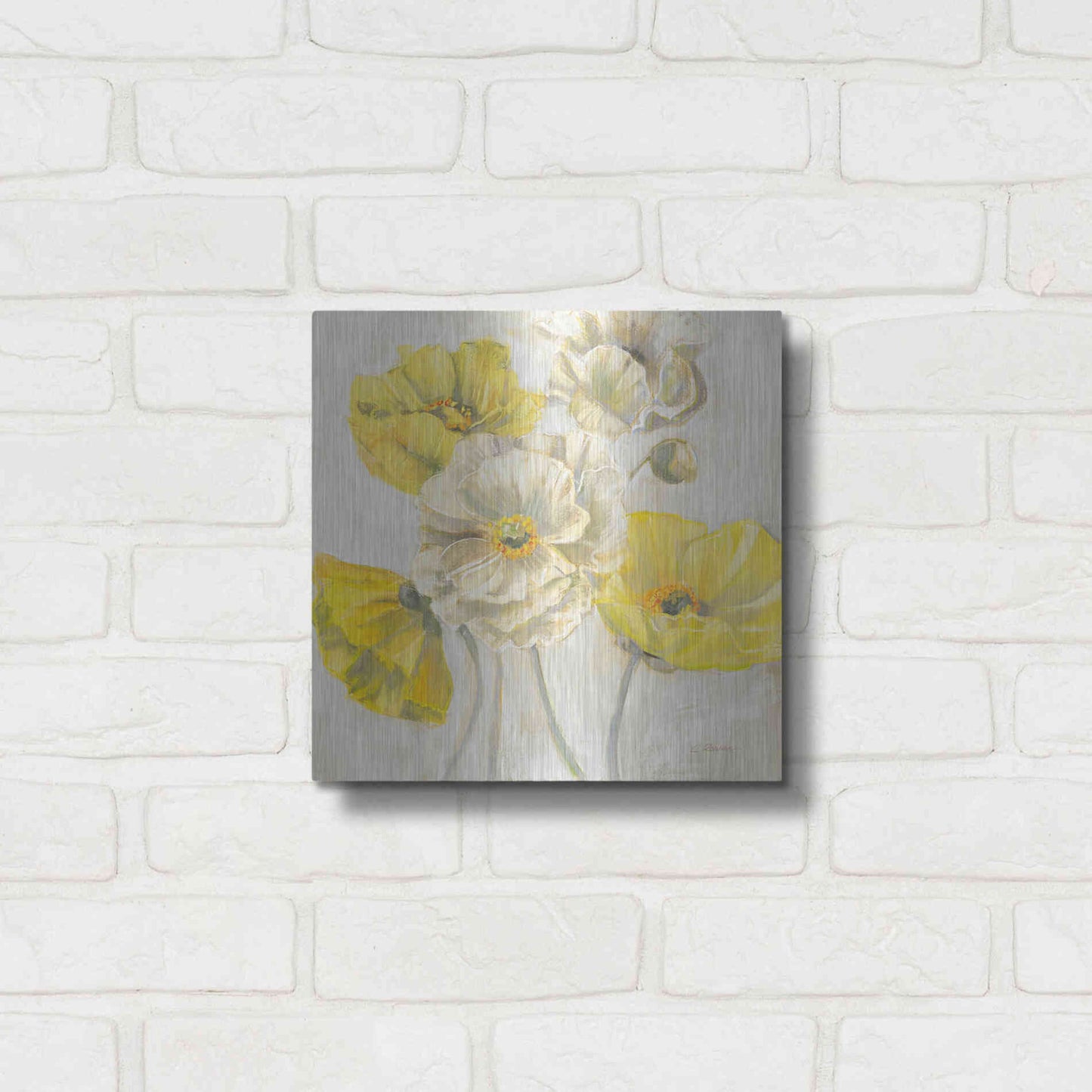 Luxe Metal Art 'Gold And White Contemporary Poppies Neutral' by Carol Rowan, Metal Wall Art,12x12