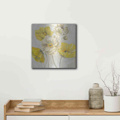 Luxe Metal Art 'Gold And White Contemporary Poppies Neutral' by Carol Rowan, Metal Wall Art,12x12