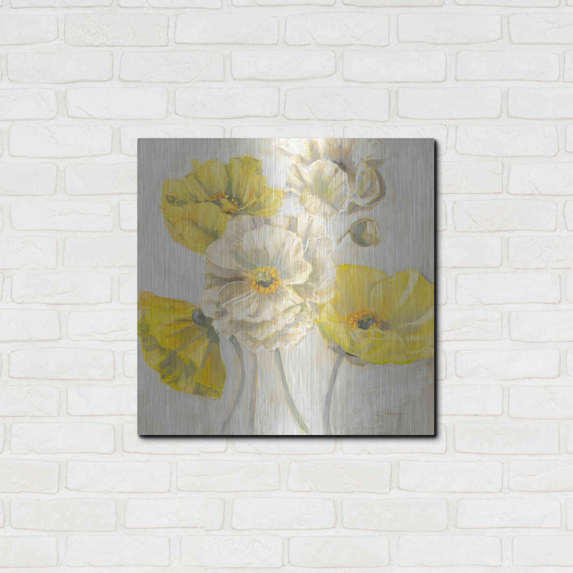 Luxe Metal Art 'Gold And White Contemporary Poppies Neutral' by Carol Rowan, Metal Wall Art,24x24