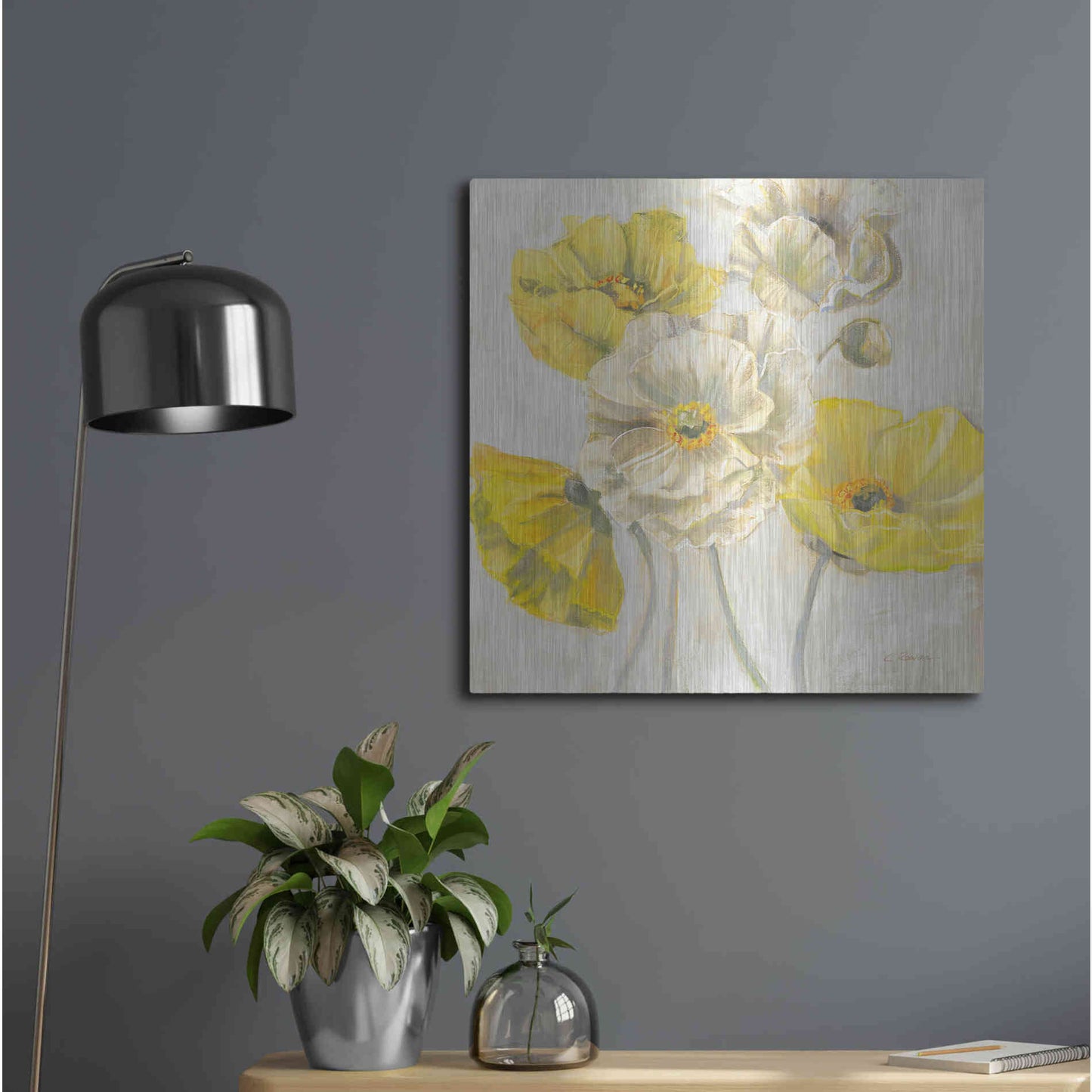Luxe Metal Art 'Gold And White Contemporary Poppies Neutral' by Carol Rowan, Metal Wall Art,24x24