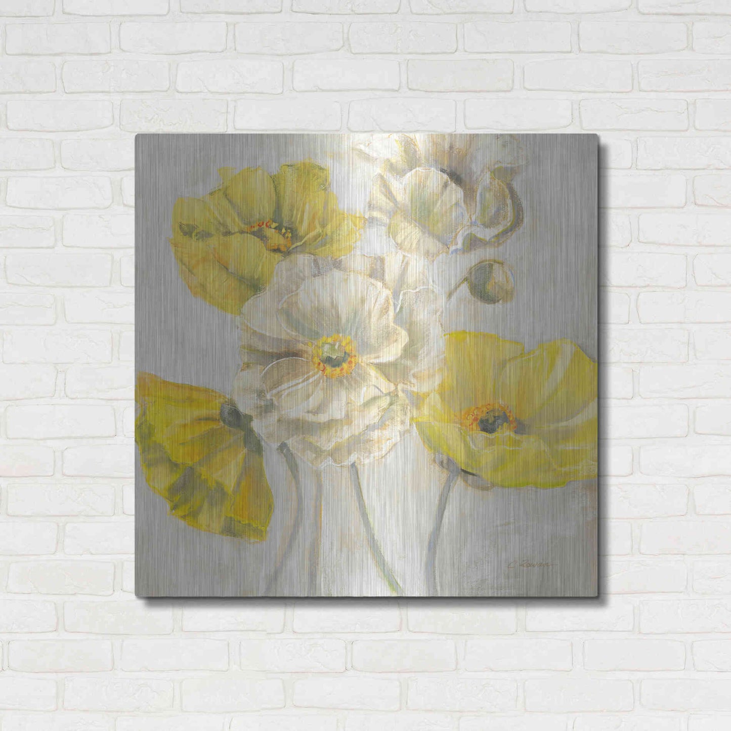 Luxe Metal Art 'Gold And White Contemporary Poppies Neutral' by Carol Rowan, Metal Wall Art,36x36