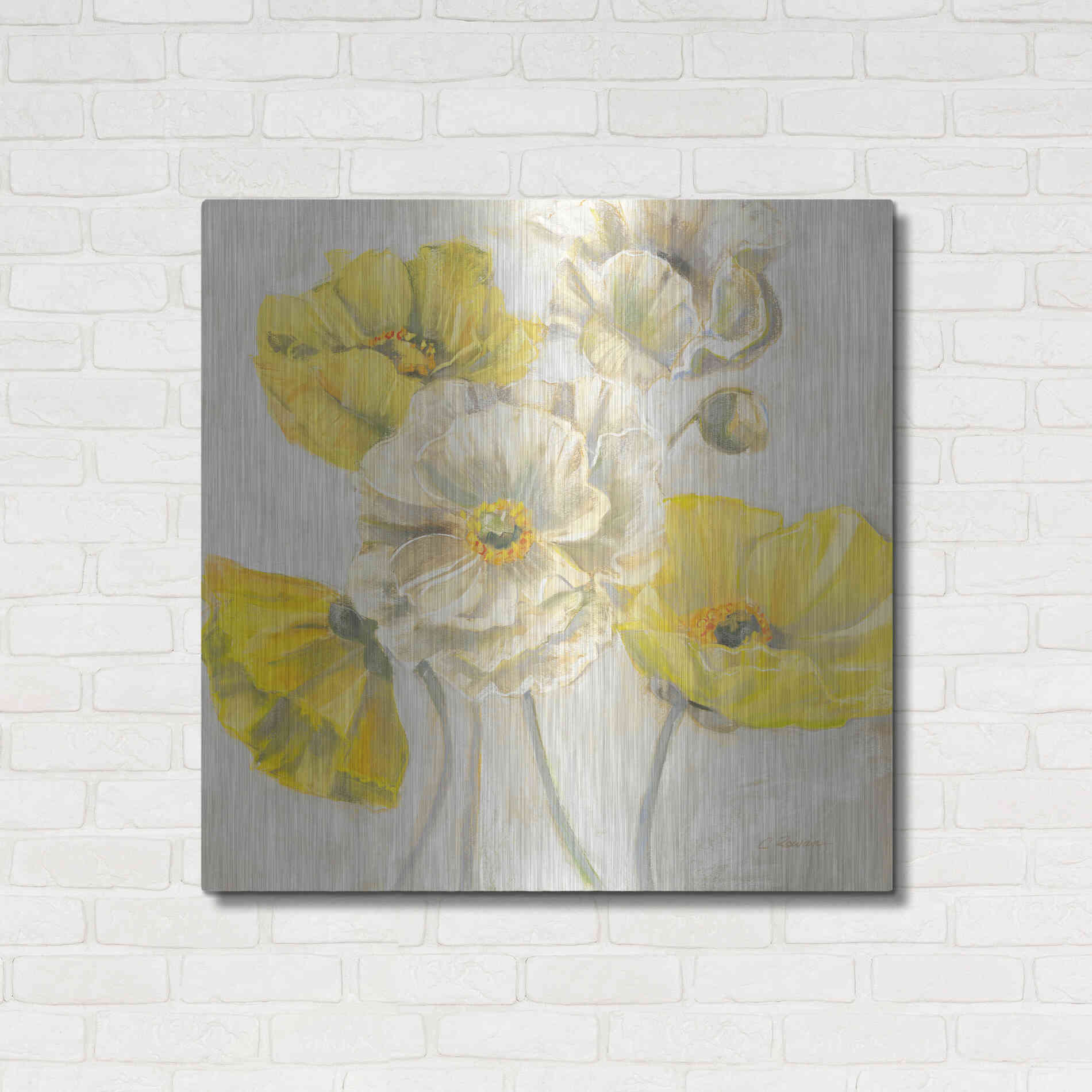 Luxe Metal Art 'Gold And White Contemporary Poppies Neutral' by Carol Rowan, Metal Wall Art,36x36