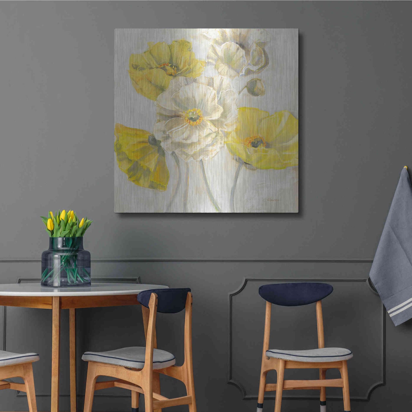 Luxe Metal Art 'Gold And White Contemporary Poppies Neutral' by Carol Rowan, Metal Wall Art,36x36