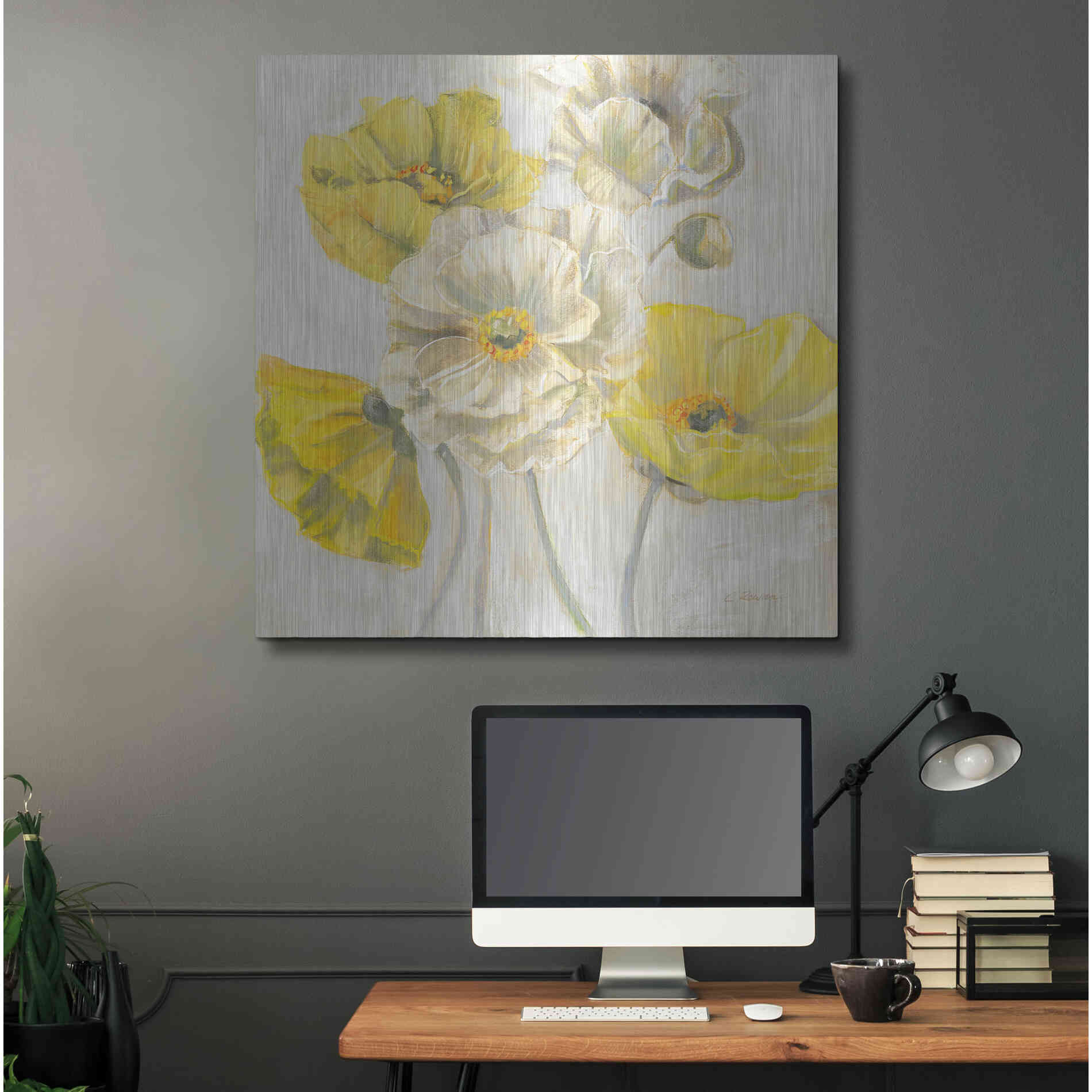 Luxe Metal Art 'Gold And White Contemporary Poppies Neutral' by Carol Rowan, Metal Wall Art,36x36
