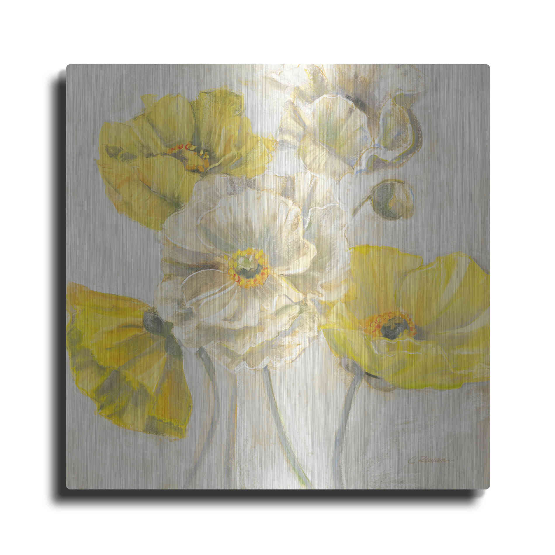 Luxe Metal Art 'Gold And White Contemporary Poppies Neutral' by Carol Rowan, Metal Wall Art