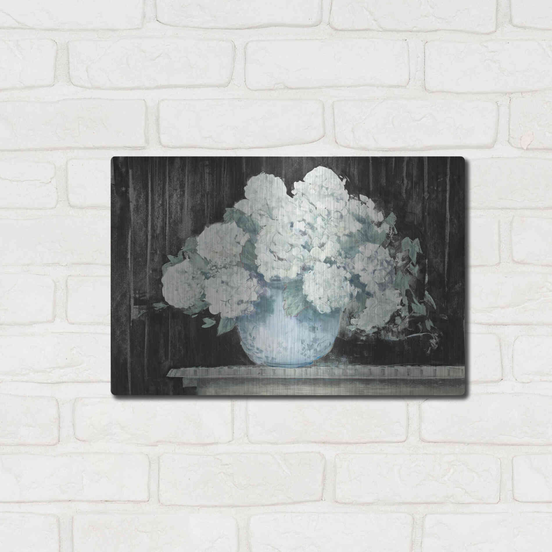 Luxe Metal Art 'White Hydrangea On Black Crop' by Carol Rowan, Metal Wall Art,16x12
