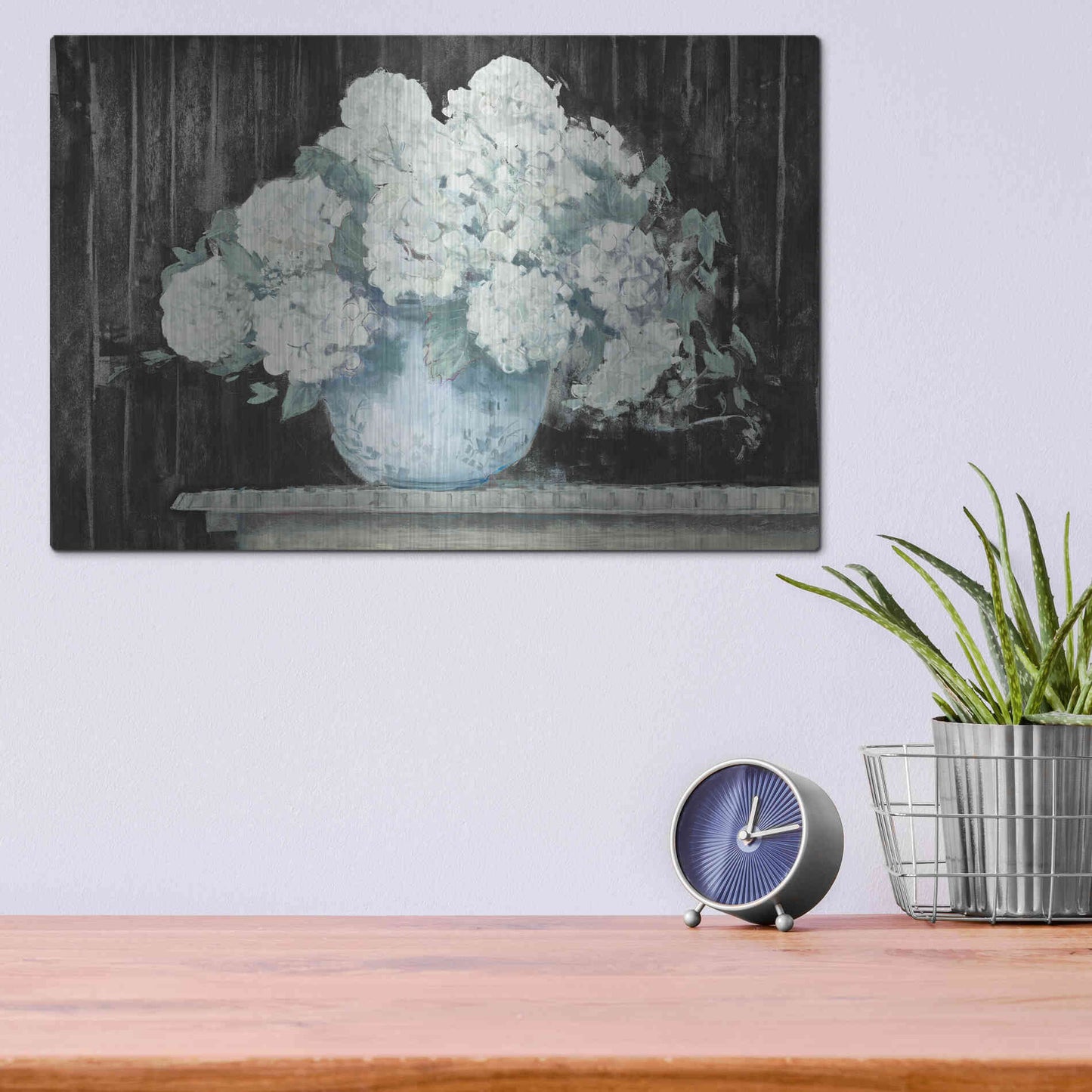 Luxe Metal Art 'White Hydrangea On Black Crop' by Carol Rowan, Metal Wall Art,16x12