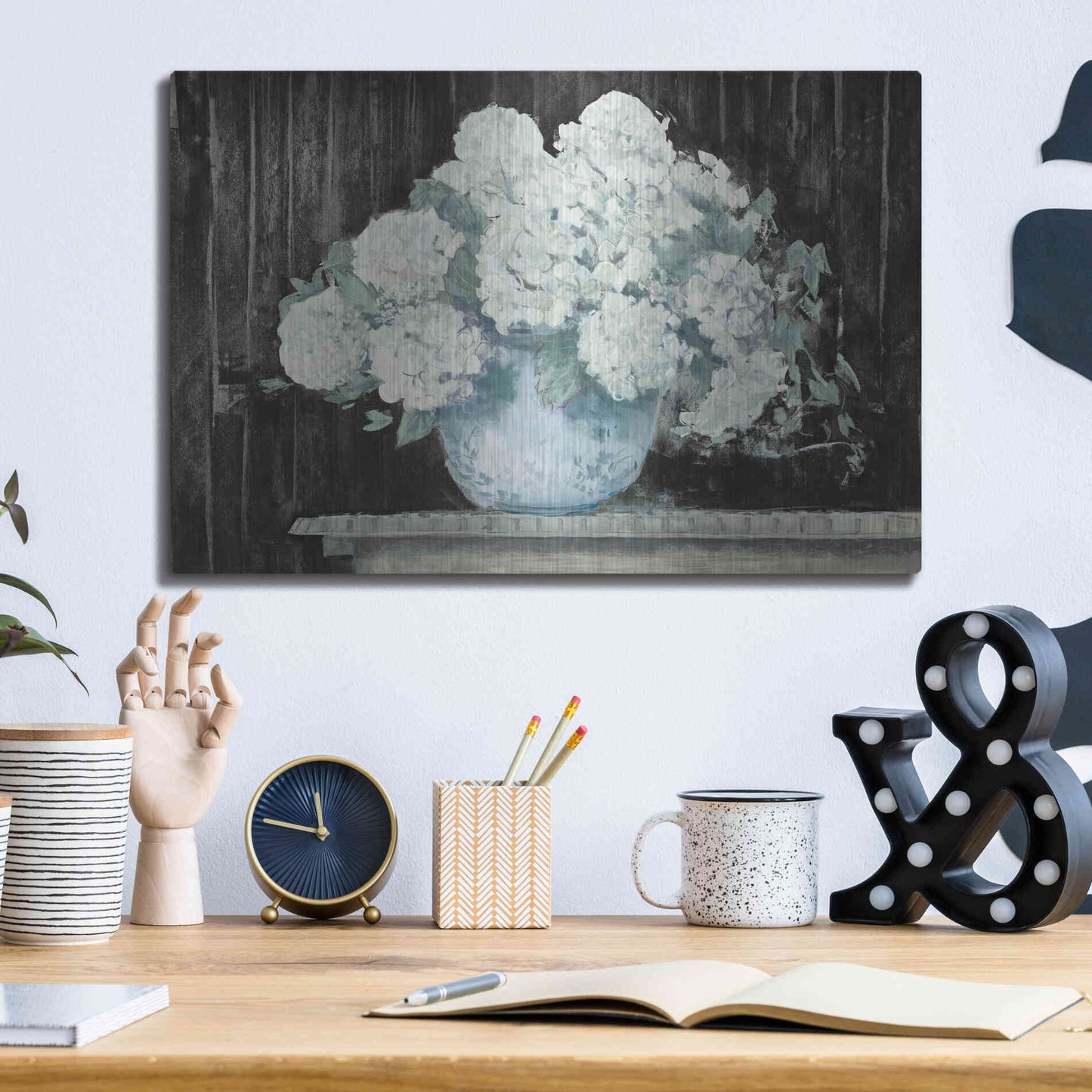 Luxe Metal Art 'White Hydrangea On Black Crop' by Carol Rowan, Metal Wall Art,16x12