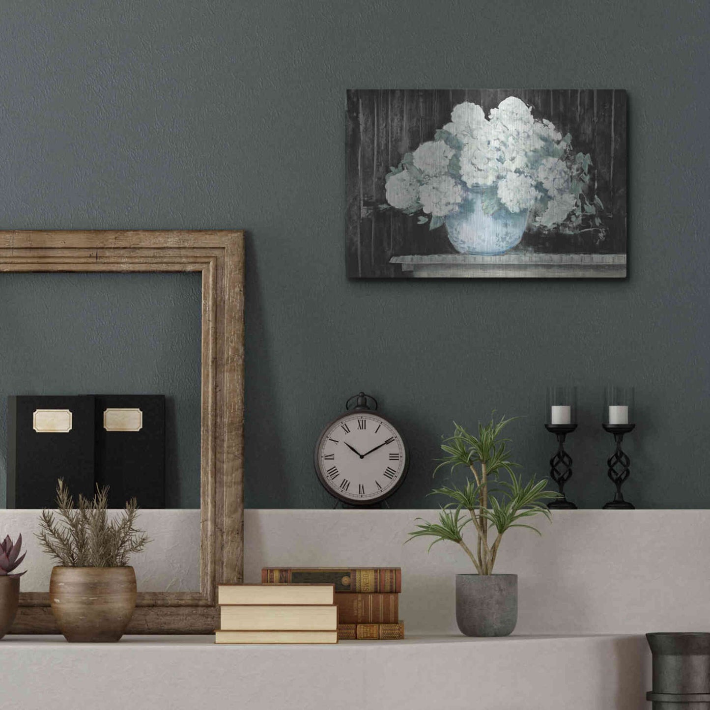 Luxe Metal Art 'White Hydrangea On Black Crop' by Carol Rowan, Metal Wall Art,16x12