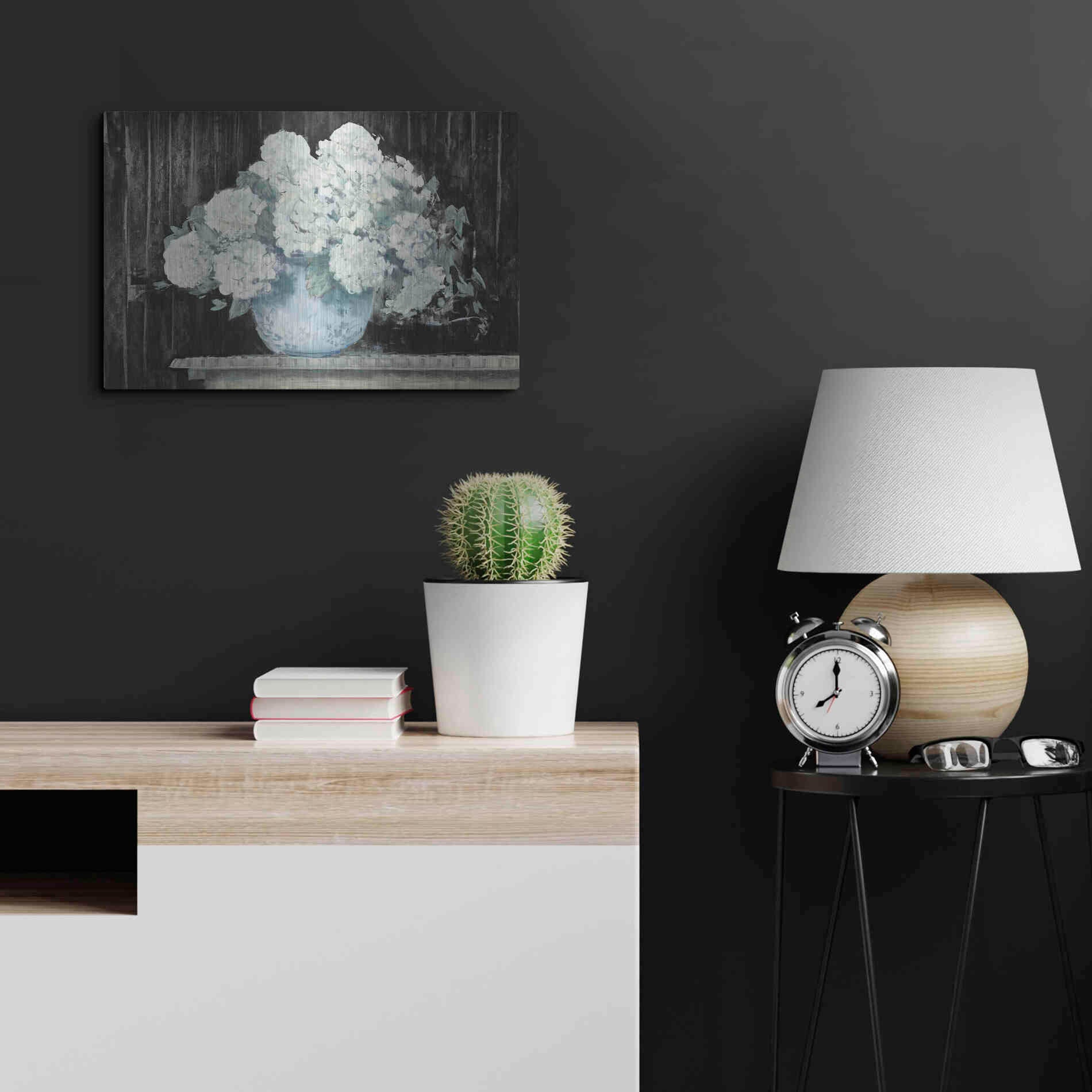 Luxe Metal Art 'White Hydrangea On Black Crop' by Carol Rowan, Metal Wall Art,24x16