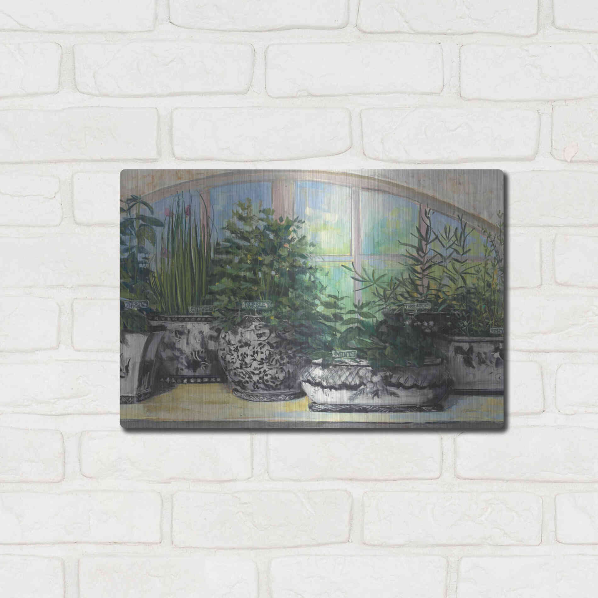 Luxe Metal Art 'Windowsill Herbs Bw Vases Crop' by Carol Rowan, Metal Wall Art,16x12